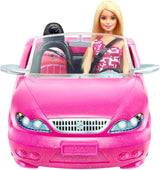 Lalka Barbie i różowy brokatowy kabriolet, realistyczne logo opony, 3-letnia zabawka, DJR55 Naty Shop Dolls