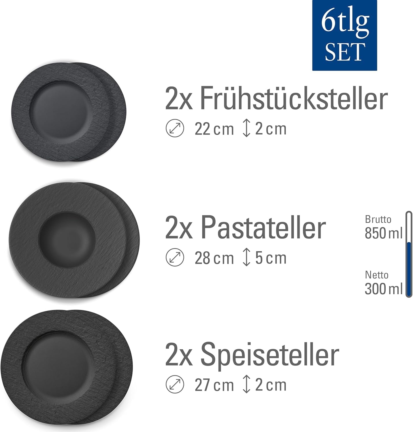 Villeroy & Boch - Manufacture Rock Zestaw naczyń obiadowych, 6 elementów, Zestaw naczyń obiadowych dla 2 osób, Porcelana Premium, Czarny