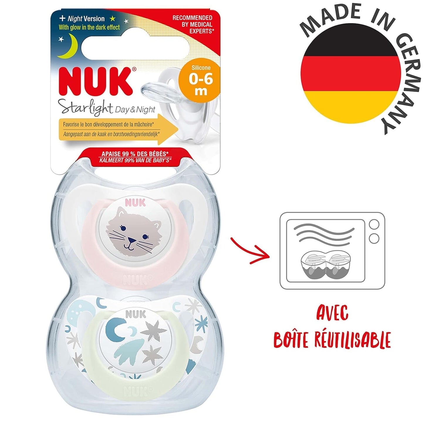 NUK Star Night & Day smoczek dla niemowląt 0-6 miesięcy świecący w ciemności silikonowy różowy kot bez BPA, 2 szt.