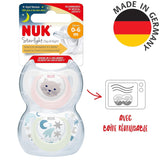 NUK Star Night & Day smoczek dla niemowląt 0-6 miesięcy świecący w ciemności silikonowy różowy kot bez BPA, 2 szt.