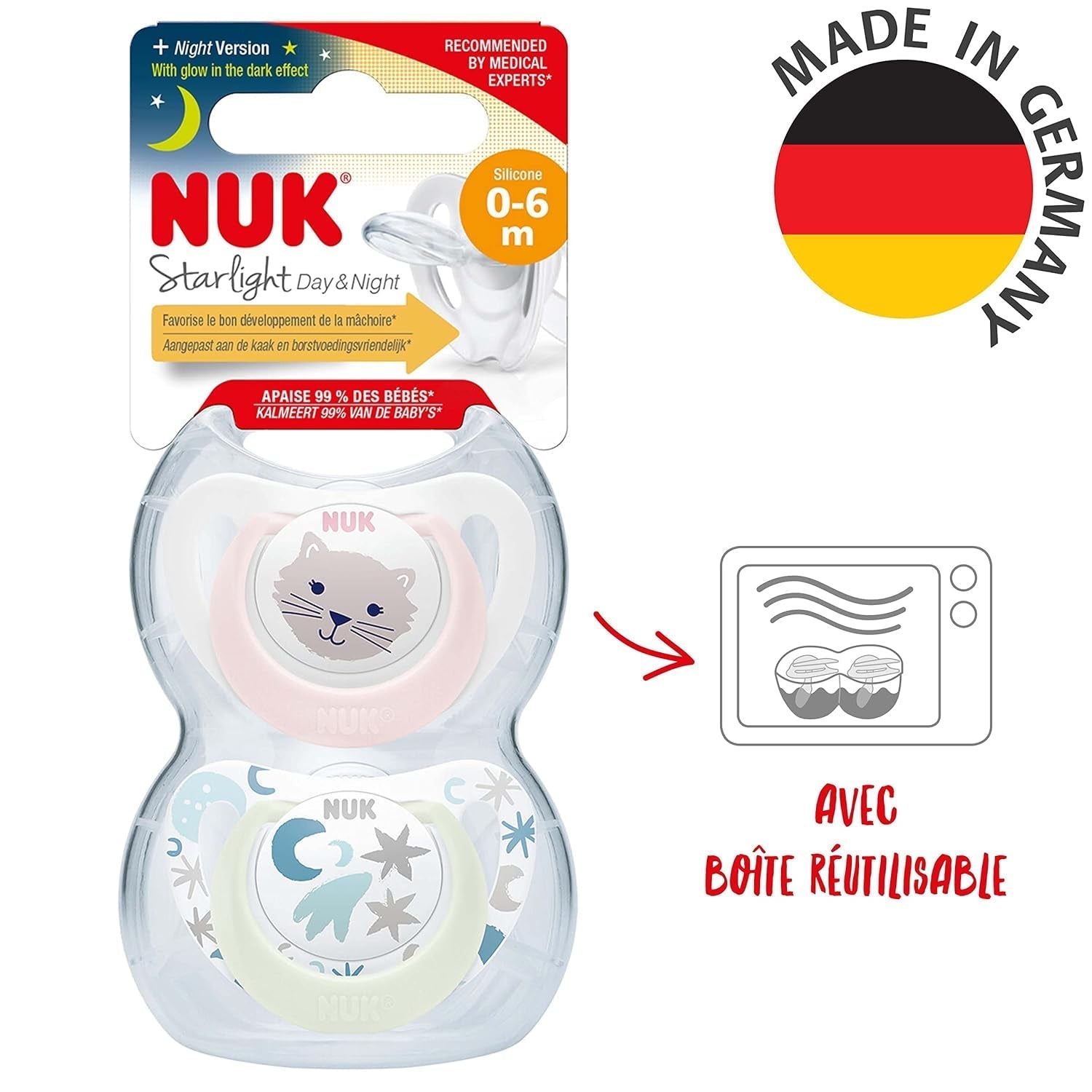 NUK Star Night & Day smoczek dla niemowląt 0-6 miesięcy świecący w ciemności silikonowy różowy kot bez BPA, 2 szt.