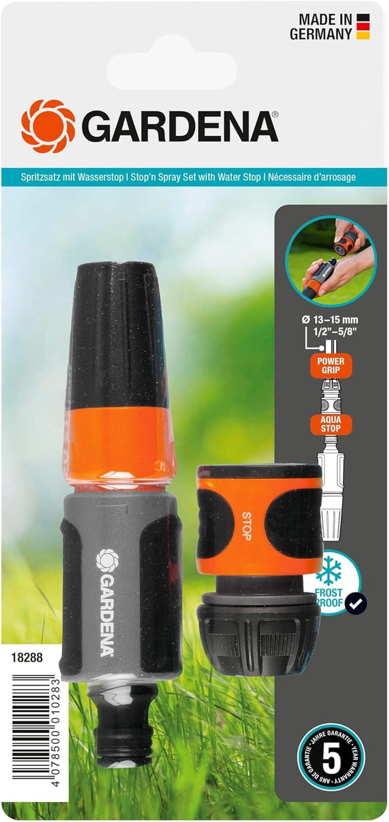 Gardena Zestaw natryskowy do węży 13 mm (1/2 cala) i 15 mm (5/8 cala): Zestaw natryskowy do czyszczenia z Aquastopem do szybkiej wymiany przyłącza (18288-20)