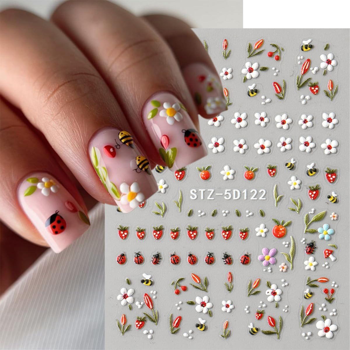 JMEOWIO 3D Nagelsticker Blumen Frucht Nail Art Naklejka Selbstklebend Nagelaufkleber 5D Stereoskopisch Dekoration Nageldesign Zubehör 4 Blatt