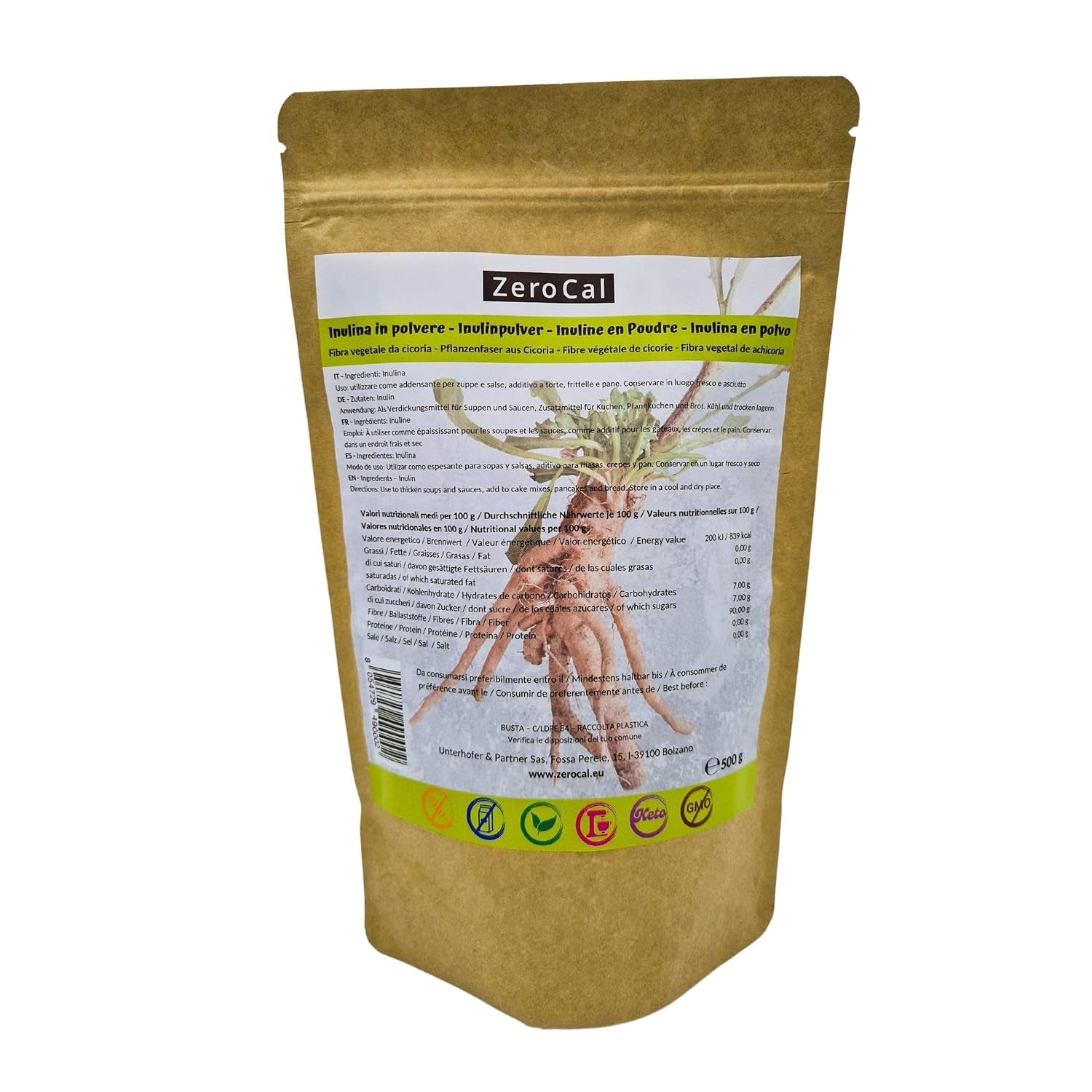 Zerocal - Proszek Inuliny Z Cykorii-Wurzel 500 G | Inulina Mit Hohem Balaststoffgehalt |100% Vegan Und Glutenfrei |Herkunft Deutschland Sweeteners Naty Shop Domyślny tytuł