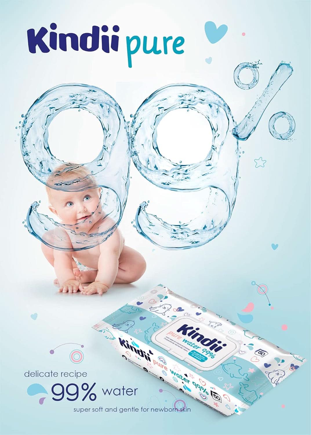 Kindii Feuchttücher Für Babies Und Kinder Pure Water 99% - 99%Ige Zusammenzeit Auf Wasserbasis - Alantoina - Unparfümiert - Dermatologisch Getestet - Für Empfindliche Haut - 720 Stück - 12X60 Stück Naty Shop