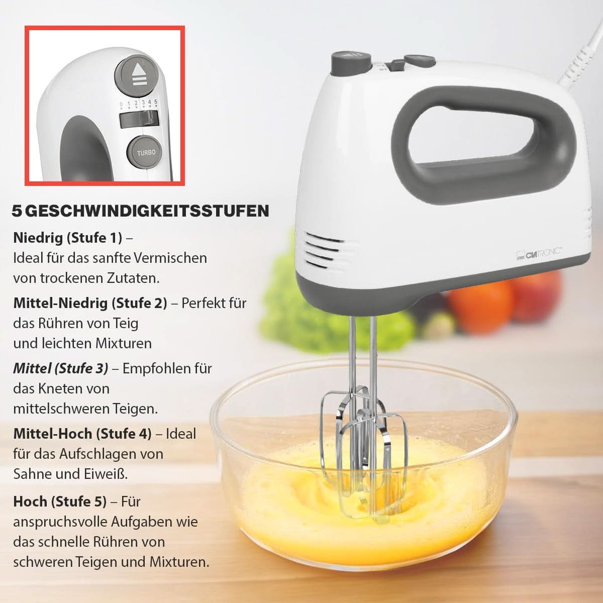 Mikser Clatronic | Silnik Kraftvoller 400 W | Mikser ręczny | Turbostufe i 5 Geschwindigkeitsstufen | Mikser ręczny | Spülmaschinengeeignete Edelstahlquirle Und -Knethaken | HM 3775 Kuchnia Naty Shop