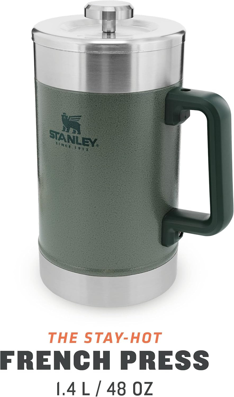 STANLEY Classic Stay Hot Coffee Press 1,4 l Hammertone Green - Utrzymuje gorącą kawę przez 4 godziny - Minimalny osad - Zintegrowana prasa do kawy ze stali nierdzewnej - Nie zawiera BPA - Można myć w zmywarce