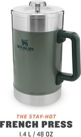 STANLEY Classic Stay Hot Coffee Press 1,4 l Hammertone Green - Utrzymuje gorącą kawę przez 4 godziny - Minimalny osad - Zintegrowana prasa do kawy ze stali nierdzewnej - Nie zawiera BPA - Można myć w zmywarce