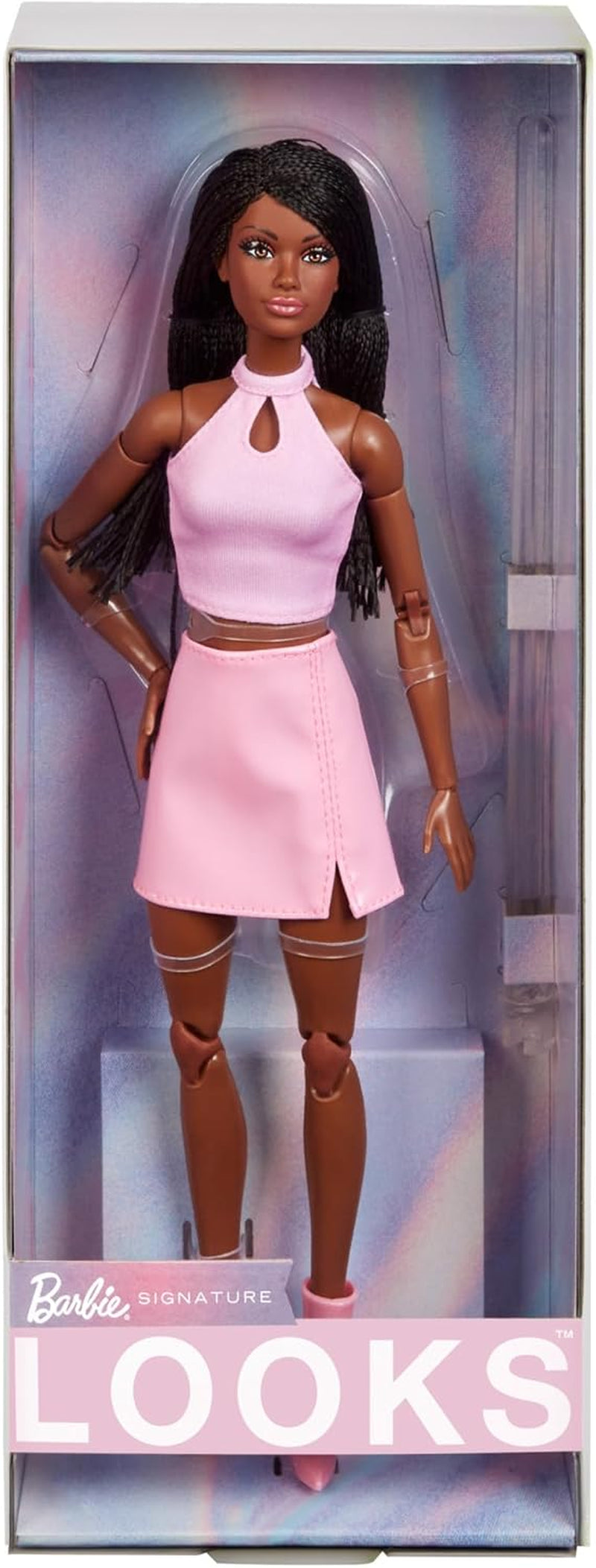 Lalka Barbie Looking, figurka kolekcjonerska nr. 21 z czarnymi warkoczami i modą Y2K, różowym topem wiązanym na szyi i spódnicą ze sztucznej skóry z butami, HRM13 Naty Shop Dolls Default Title