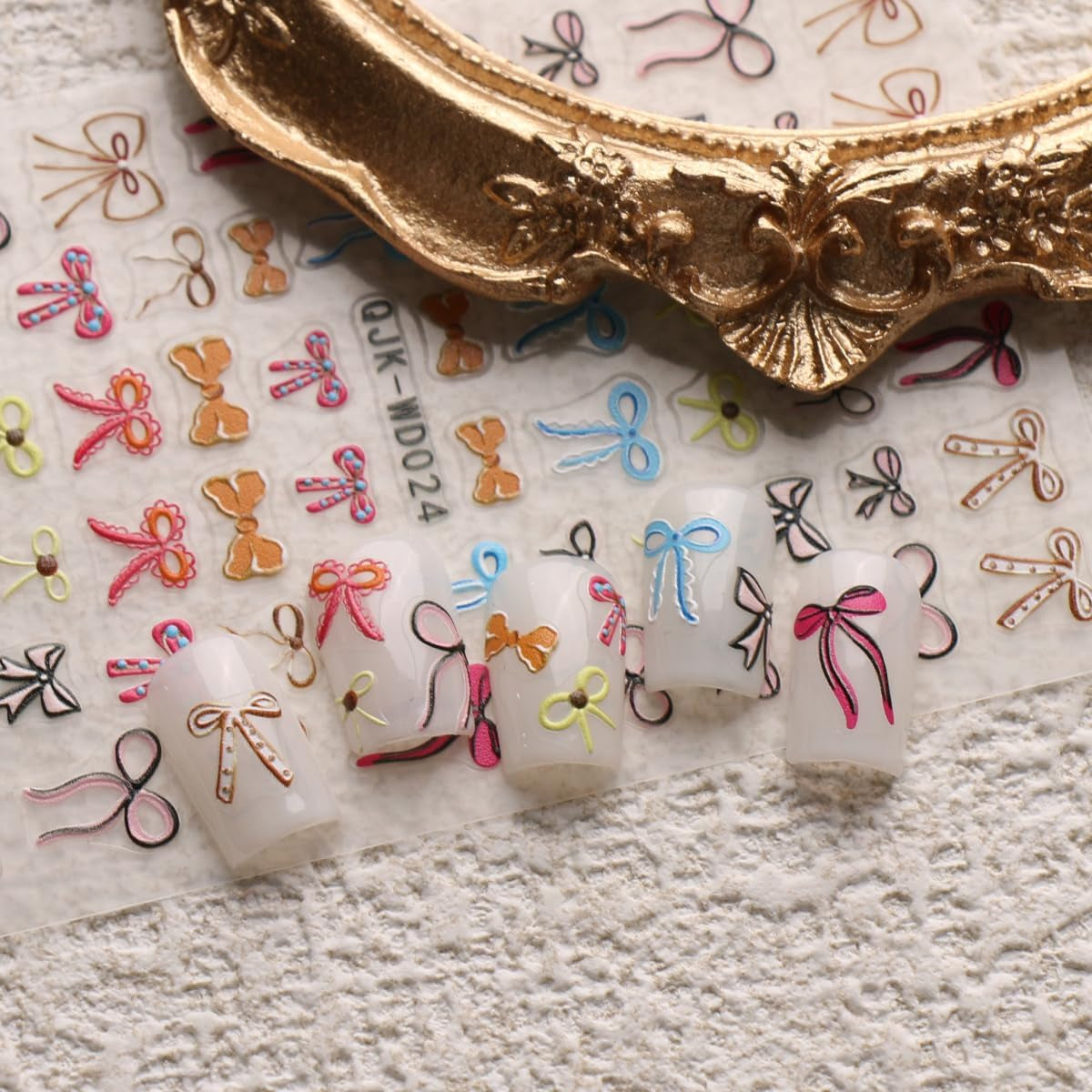 JMEOWIO Nagelsticker Bunte Herz Schleife 6 Blatt Nail Art Naklejka Selbstklebend Nagelaufkleber Dekoration Nageldesign Zubehör