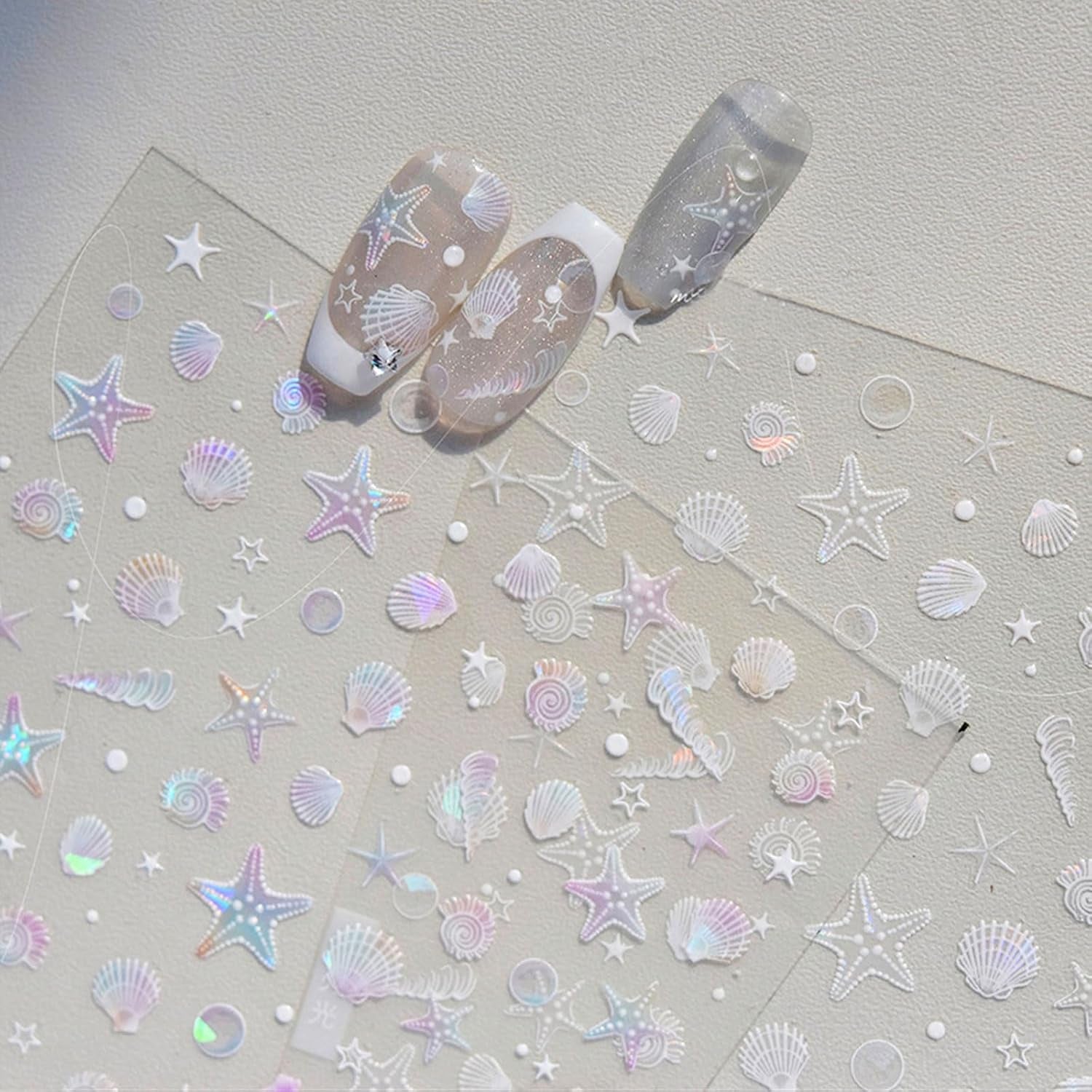 JMEOWIO 3D Nagelsticker Aurora Muschel Seestern Nail Art Naklejka Selbstklebend Nagelaufkleber 5D Stereoskopisch Ozean Thema Dekoration Nageldesign Zubehör 1 Blatt