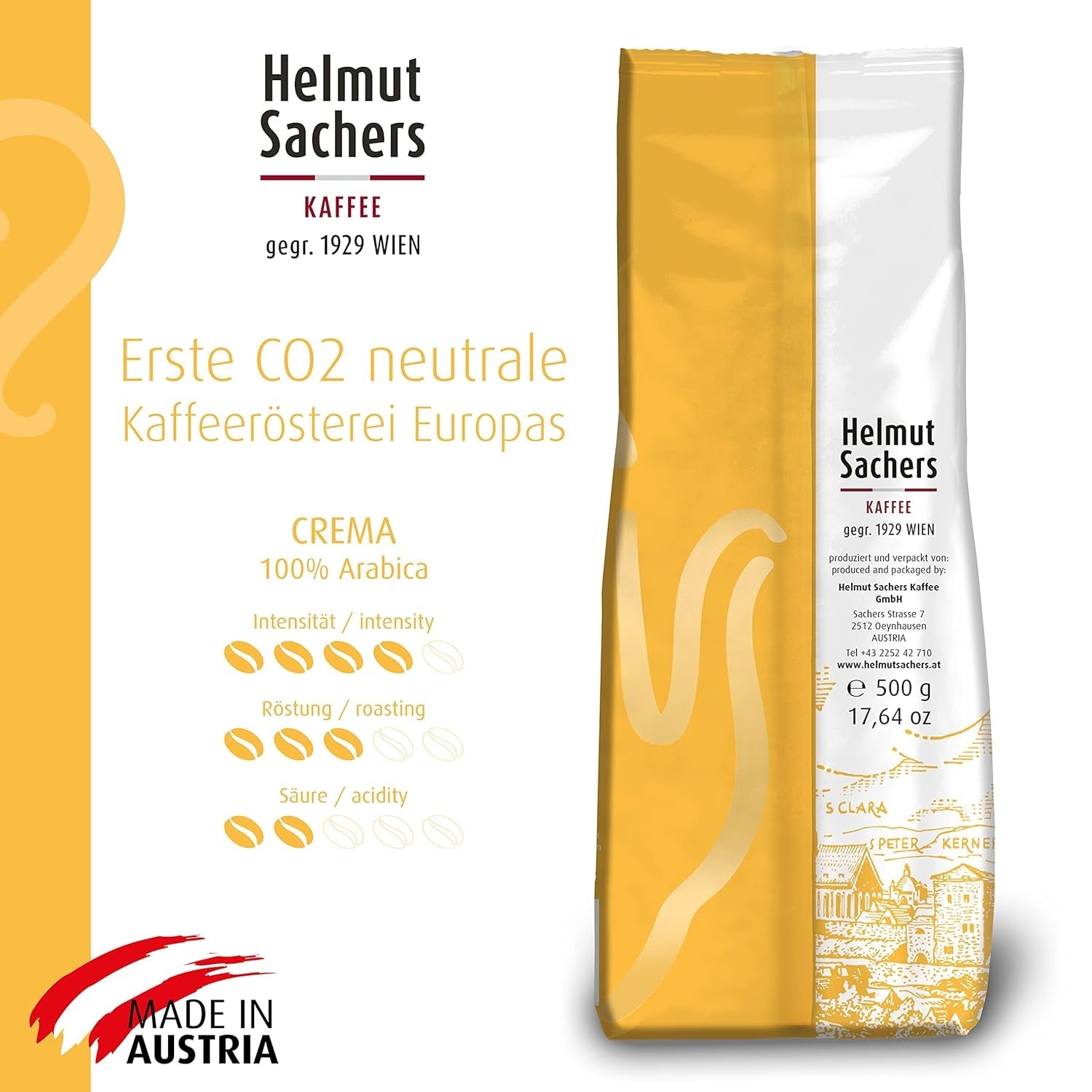 Kawa Helmut Sachers - Śmietanka, moc 4/5, 100% Arabica, całe ziarna kawy, 6 x 500g