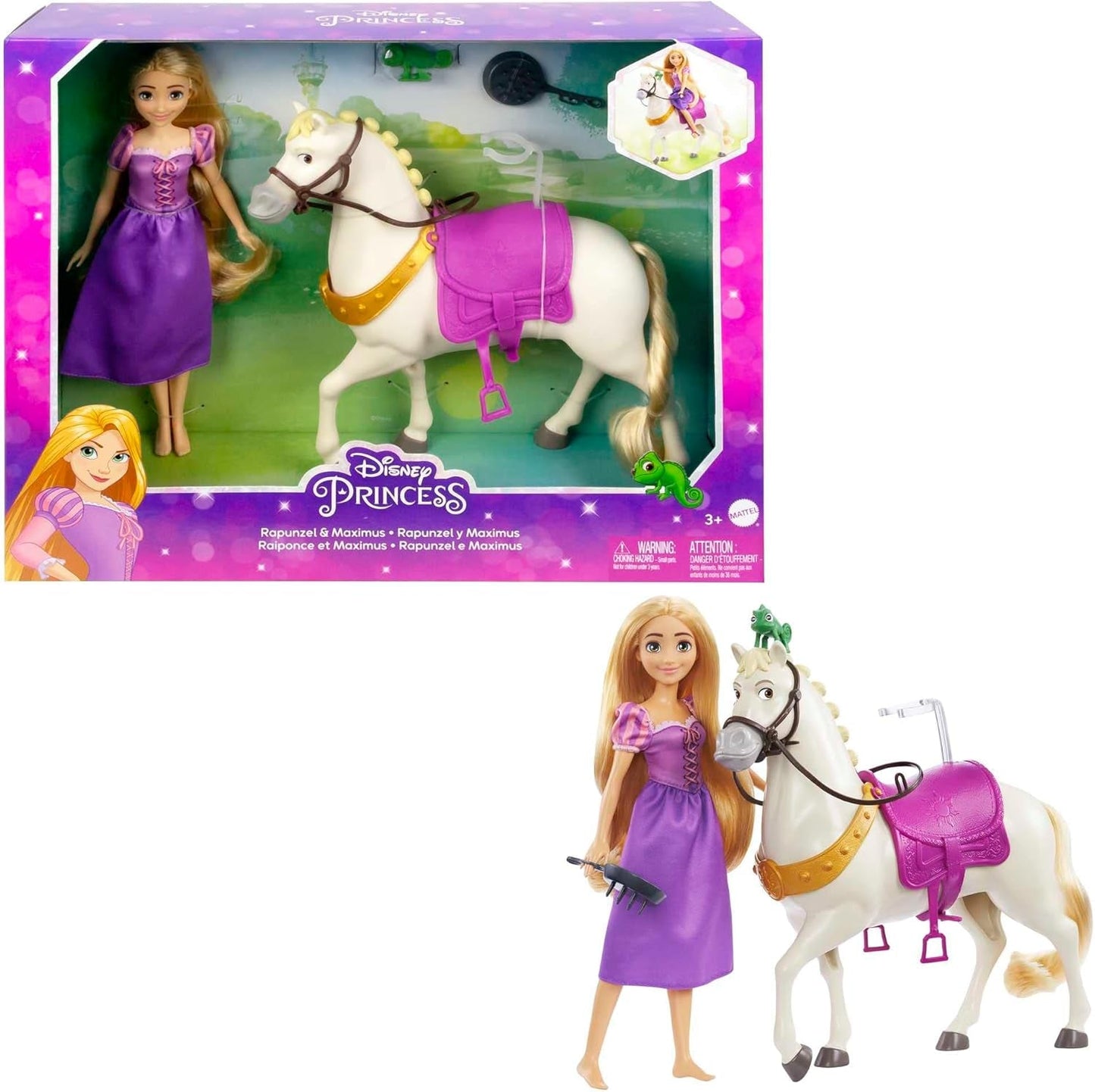 Disney Princess HMV99 - ruchoma lalka Roszpunka i wieża do zabawy z zabawą dookoła, 6 obszarów do zabawy i 15 akcesoriów, inspirowane filmem Disneya, zabawki dla lalek 3-letnich Lalki Naty Shop Koń Roszpunka