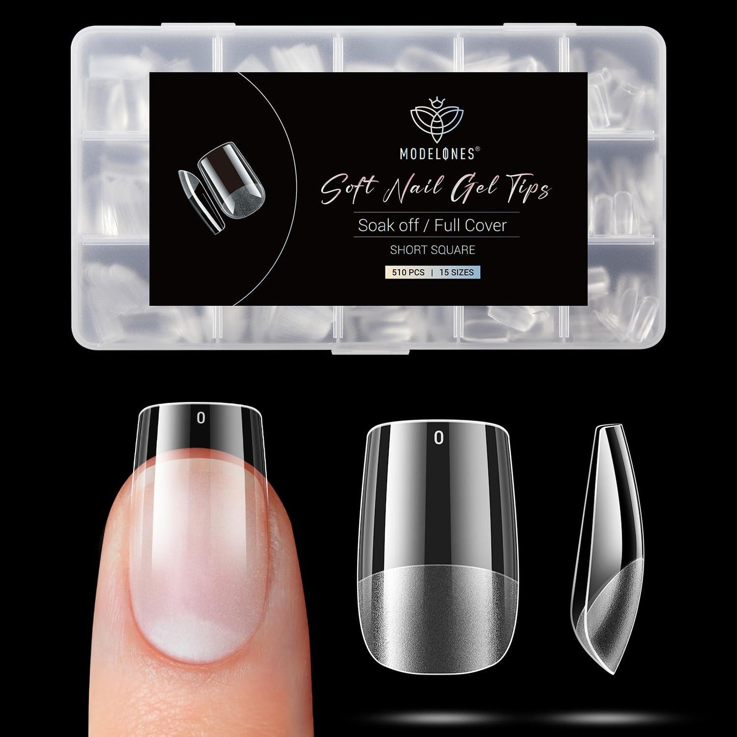 Modelones Tipsy 510 sztuk - Zestaw Tipsów Full Cover, Zestaw Tips Żelowych, Tipsy z żywicy PMMA do polerowania, Sztuczne paznokcie do klejenia na Nail Art DIY, Short Squoval