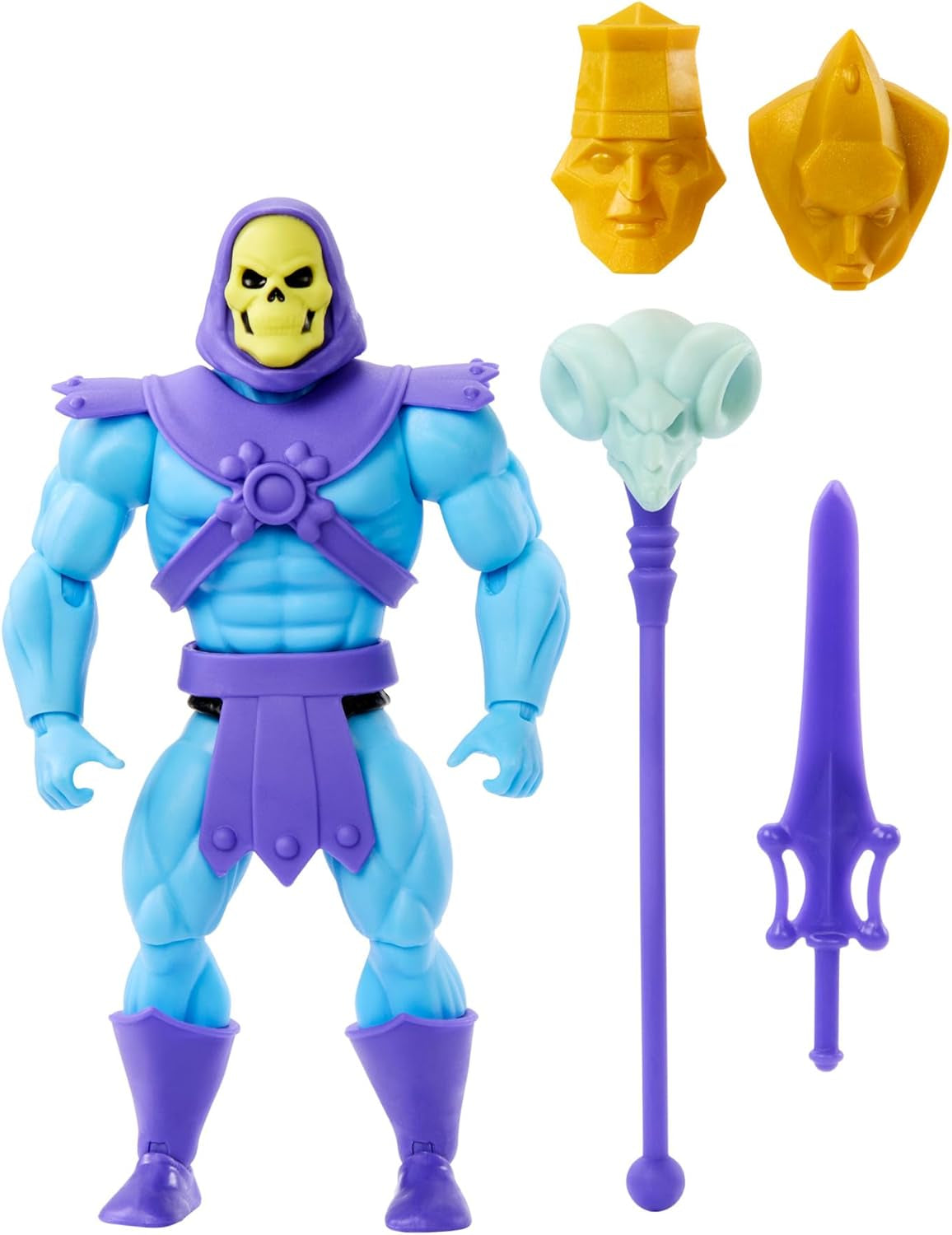 Zabawka Masters of the Universe Origins, figurka Skeletora z kolekcji kreskówek, złoczyńca stojący ok. 14 cm ze zbroją, laską, mieczem i 2 maskami, figurki HYD24 Naty Shop Modern