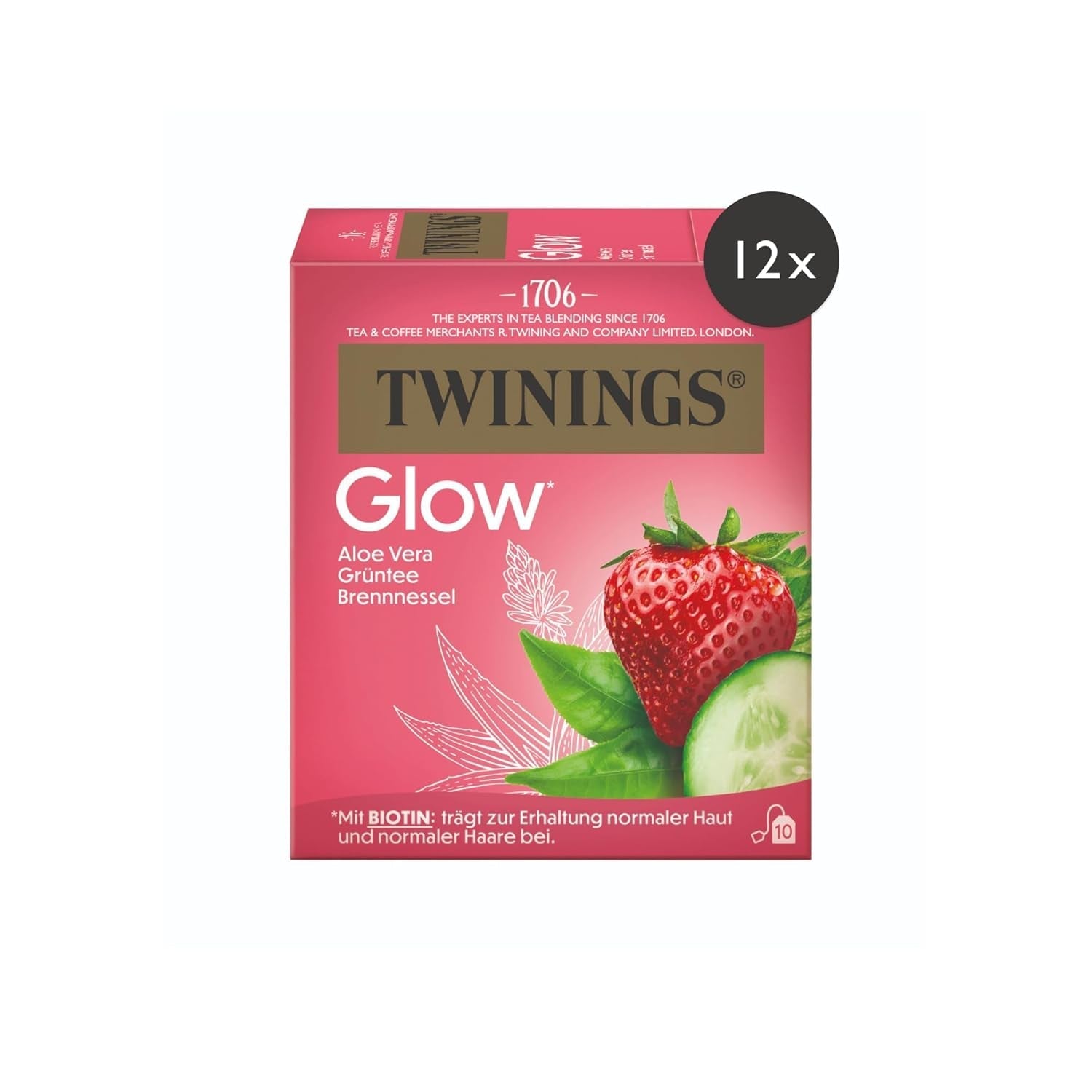 Twinings GLOW Zielona herbata z aloesem i pokrzywą z biotyną - Mieszanka herbat ziołowych do naturalnej pielęgnacji skóry i włosów 12 opakowań (po 10 saszetek)