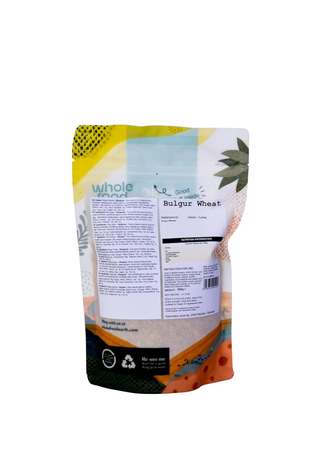 Pełnoziarnisty bulgur pszenny ziemny - bez GMO - naturalny - wegański - bez nabiału - bez dodatku cukru, 500g