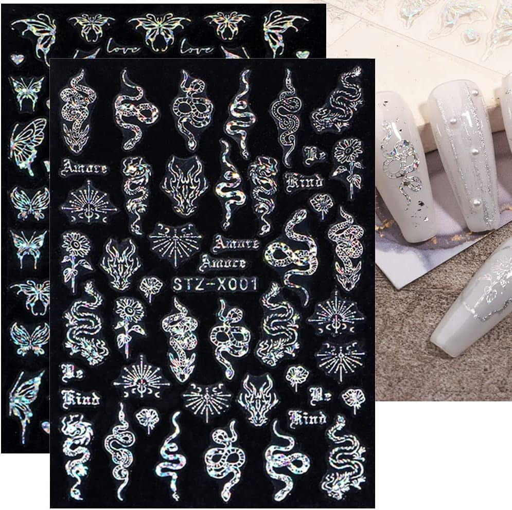 6 Blatt Schmetterling Nagelsticker Selbstklebend Laser Silber Schmetterlings Nagelaufkleber 3D Aurora Silber Schwarz Schmetterlinge Nagel Naklejki Frühling Nageldesign Naklejka na paznokcie Nail Art Zubehör