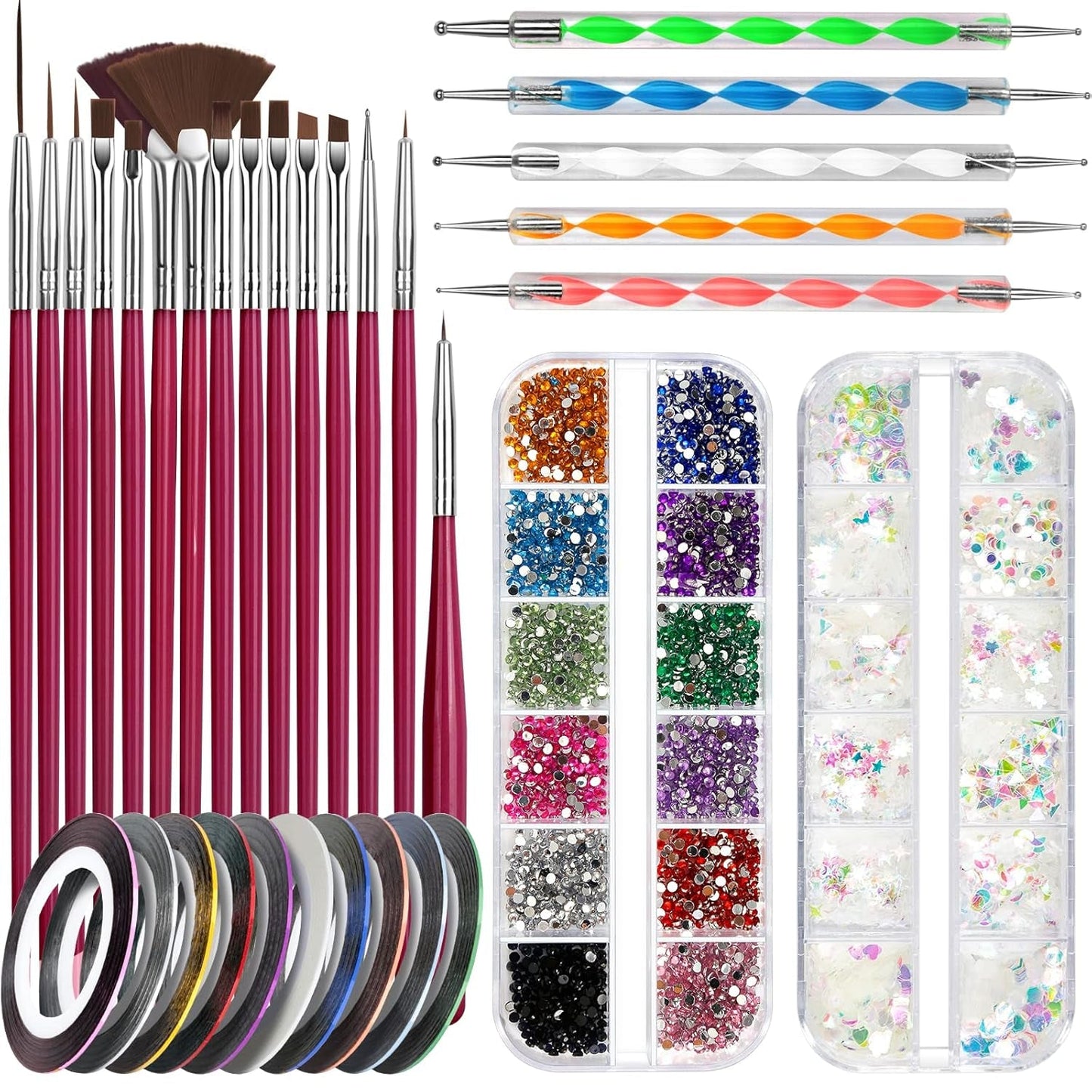 Zestaw pędzli do zdobienia paznokci FANDAMEI, 15 Stücke Pinsel Für Gelnägel Nagel Pinsel, 5 Stücke Dotted Pen, 10 Rolle Streifenband Nägel, Strasssteine ​​​​Nägel, Ultra Dünn Nagel Paillettes Für Nagelkunst Maniküre Set