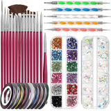 Zestaw pędzli do zdobienia paznokci FANDAMEI, 15 Stücke Pinsel Für Gelnägel Nagel Pinsel, 5 Stücke Dotted Pen, 10 Rolle Streifenband Nägel, Strasssteine ​​​​Nägel, Ultra Dünn Nagel Paillettes Für Nagelkunst Maniküre Set