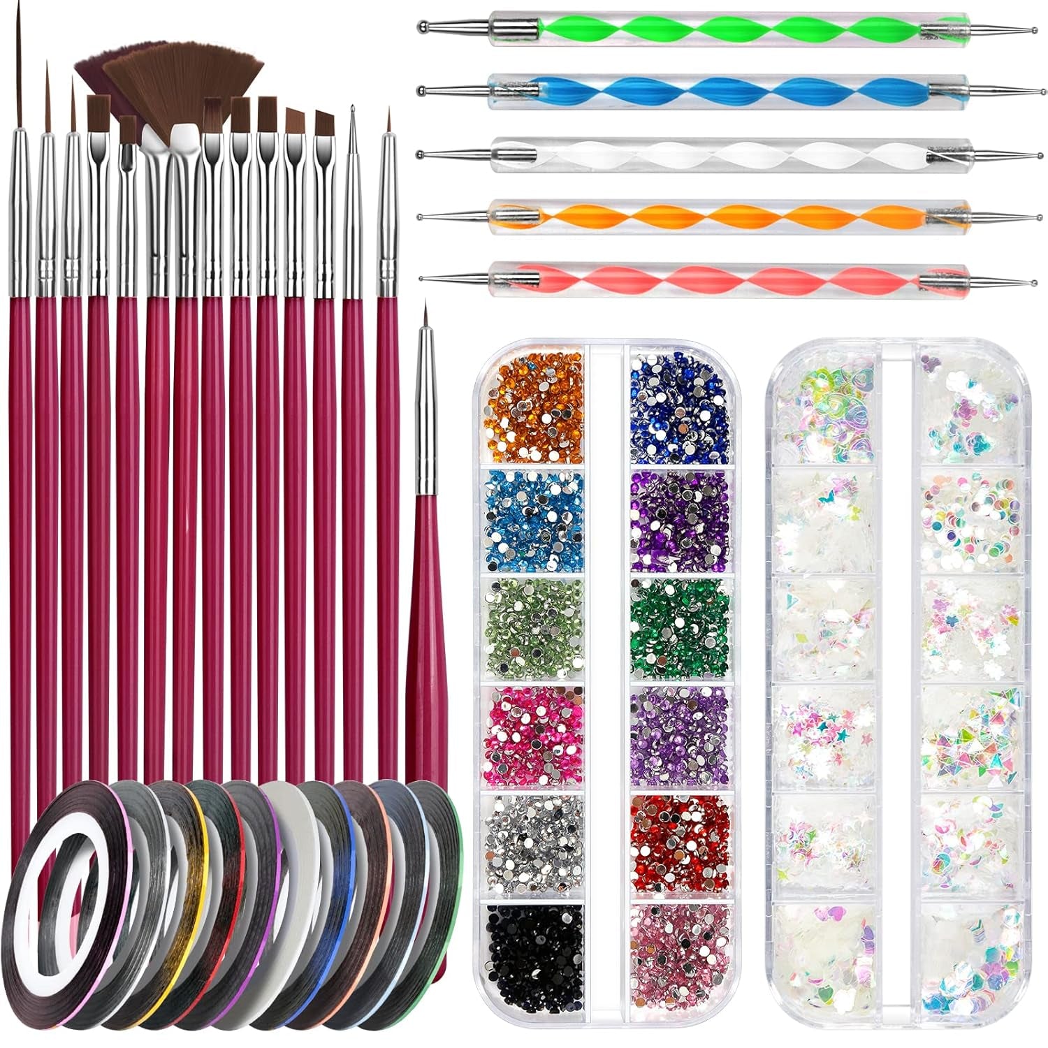 Zestaw pędzli do zdobienia paznokci FANDAMEI, 15 Stücke Pinsel Für Gelnägel Nagel Pinsel, 5 Stücke Dotted Pen, 10 Rolle Streifenband Nägel, Strasssteine ​​​​Nägel, Ultra Dünn Nagel Paillettes Für Nagelkunst Maniküre Set