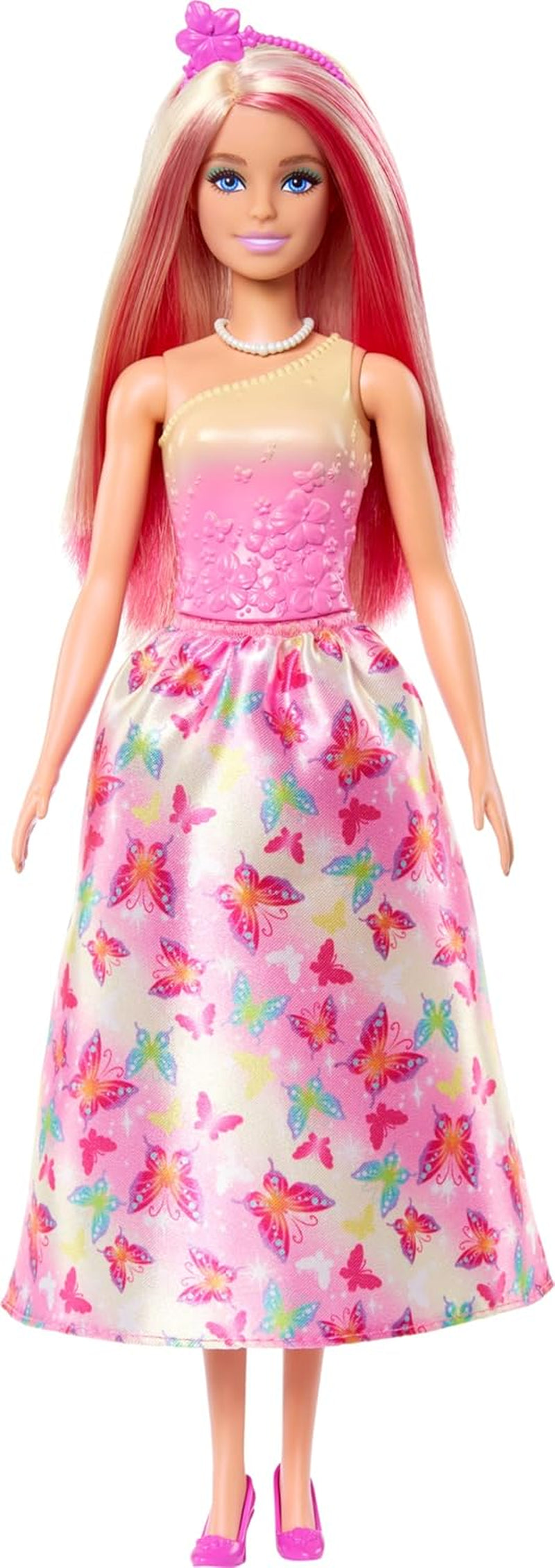 Królewska lalka Barbie z blond i różowymi fantazyjnymi włosami, kolorowymi dodatkami, różowym gradientowym topem i spódniczką w kształcie motyla, lalki HRR08 Naty Shop