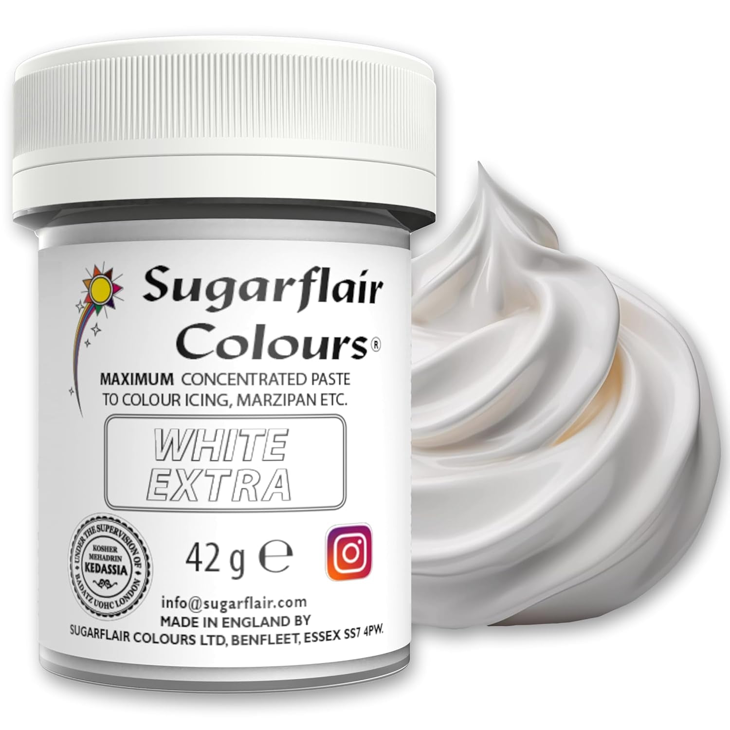 Barwnik spożywczy Sugarflair Max Concentrated White Extra, silnie skoncentrowany barwnik spożywczy do marcepanu i fondantu, barwnik w paście Max Concentrate - 42 g