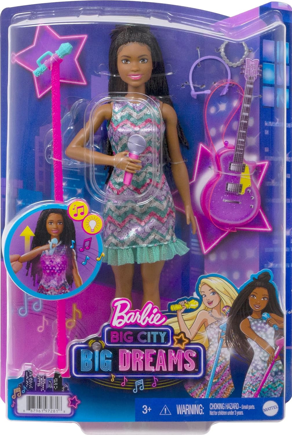 Barbie GYJ22 - Bühne frei für große Träume Brooklyn Puppe (ok. 30 cm, brązowe włosy) z Melodien aus dem Film, Lichtern, Mikrofon und Accessoires, Geschenk für Kinder ab 3 Jahren