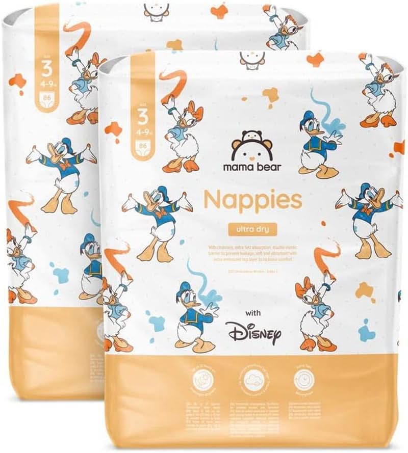 Pieluchy Mama Bear Disney Ultra Dry Rozmiar 4 (8-14kg), Białe, 84 sztuki (1 opakowanie) Naty Shop Rozmiar 3 (4-9kg) Opakowanie miesięczne
