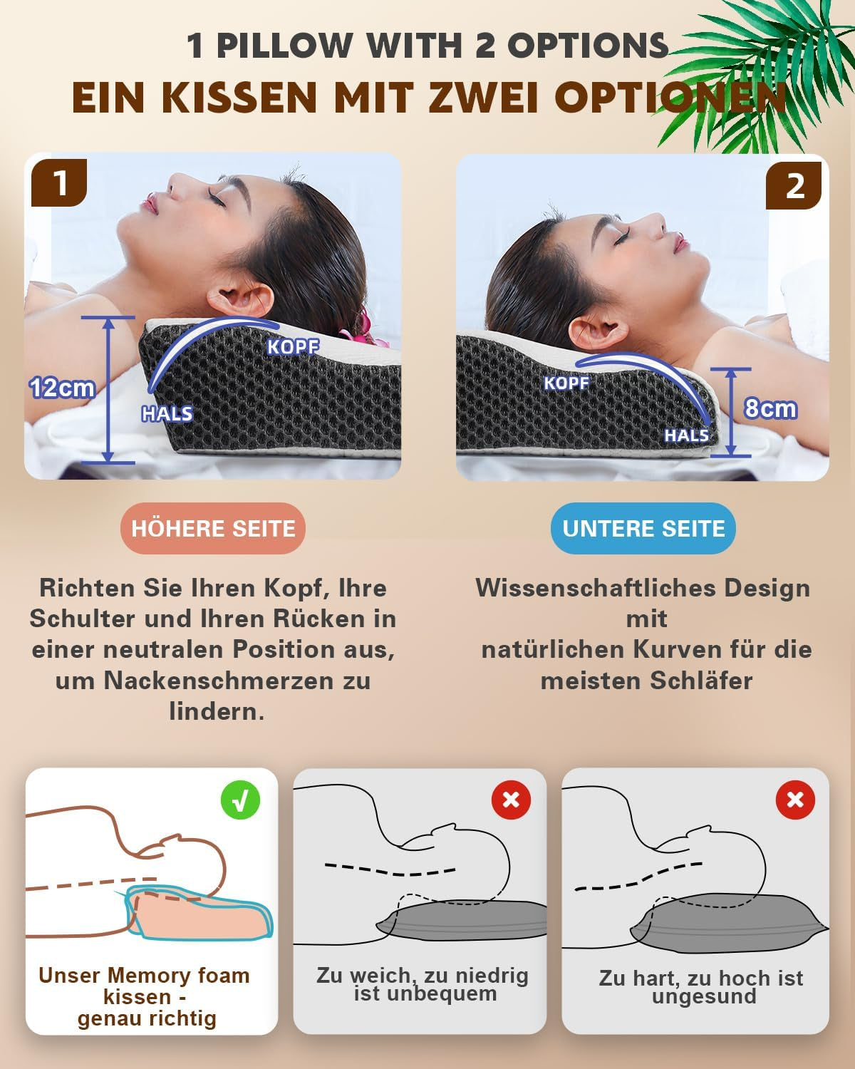 Poduszka przeciwbólowa szyi, ergonomiczna ortopedyczna poduszka pod szyję, boczna poduszka brzuszna z pianki memory, poduszka przeciw chrapaniu dla mężczyzn i kobiet (62 * 34,5 * 12/8 CM) Poduszki ortopedyczne na szyję Naty Shop