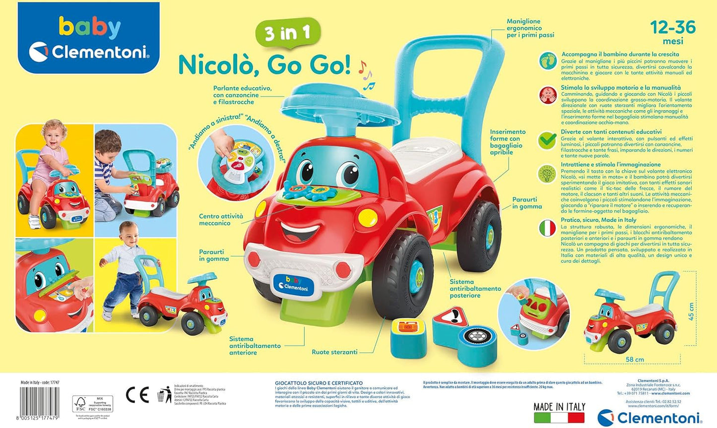 Clementoni - 17747 - Nicolò Go Go 3 w 1 - Autko, elektroniczny głośnik do nauki, pierwsze kroki, światła i dźwięki, gra dla 1-latków - Made in Italy Bebe Toys Naty Shop