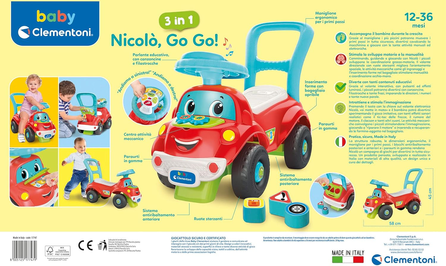 Clementoni - 17747 - Nicolò Go Go 3 w 1 - Autko, elektroniczny głośnik do nauki, pierwsze kroki, światła i dźwięki, gra dla 1-latków - Made in Italy Bebe Toys Naty Shop