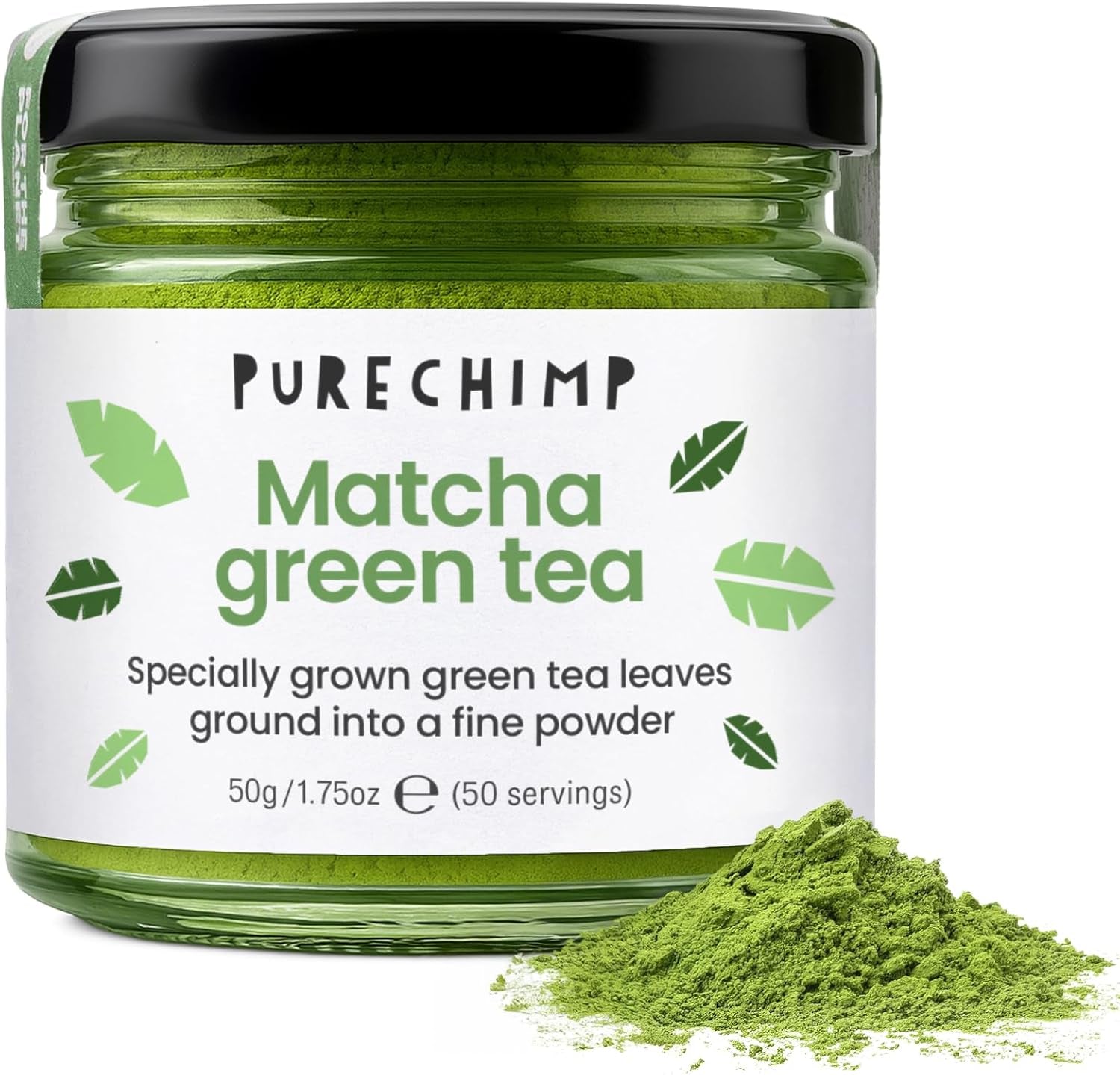 Purechimp Ceremonial Grade Matcha w proszku 50g. 100% czysta, cieniowana herbata w proszku do latte, naparów i przepisów. Słoik nadający się do recyklingu. Bogaty w przeciwutleniacze.