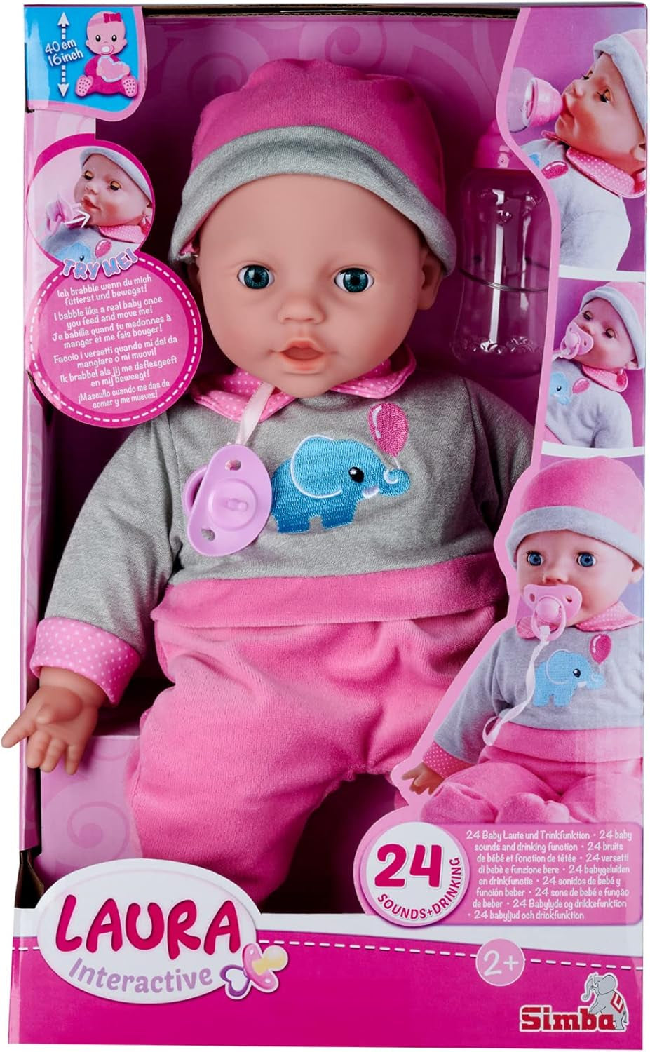Simba 105140066 - Laura Interactive, lalka o miękkim ciele, o zaspanych oczach, bełkocząca przy ruchu, pijąca z butelki i zasypiająca, 40 cm, lalka bobas dla dzieci od 2 lat