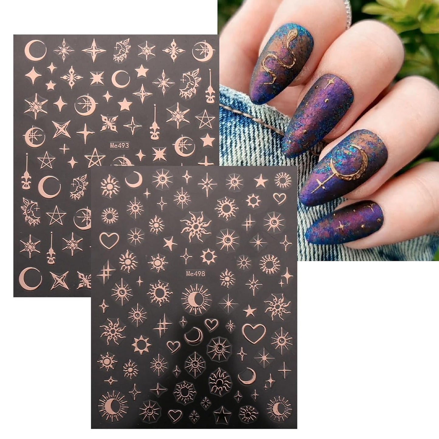 JMEOWIO Nagelsticker Mond Stern 10 Blatt Nail Art Naklejka Selbstklebend Nagelaufkleber Roségold Dekoration Nageldesign Zubehör
