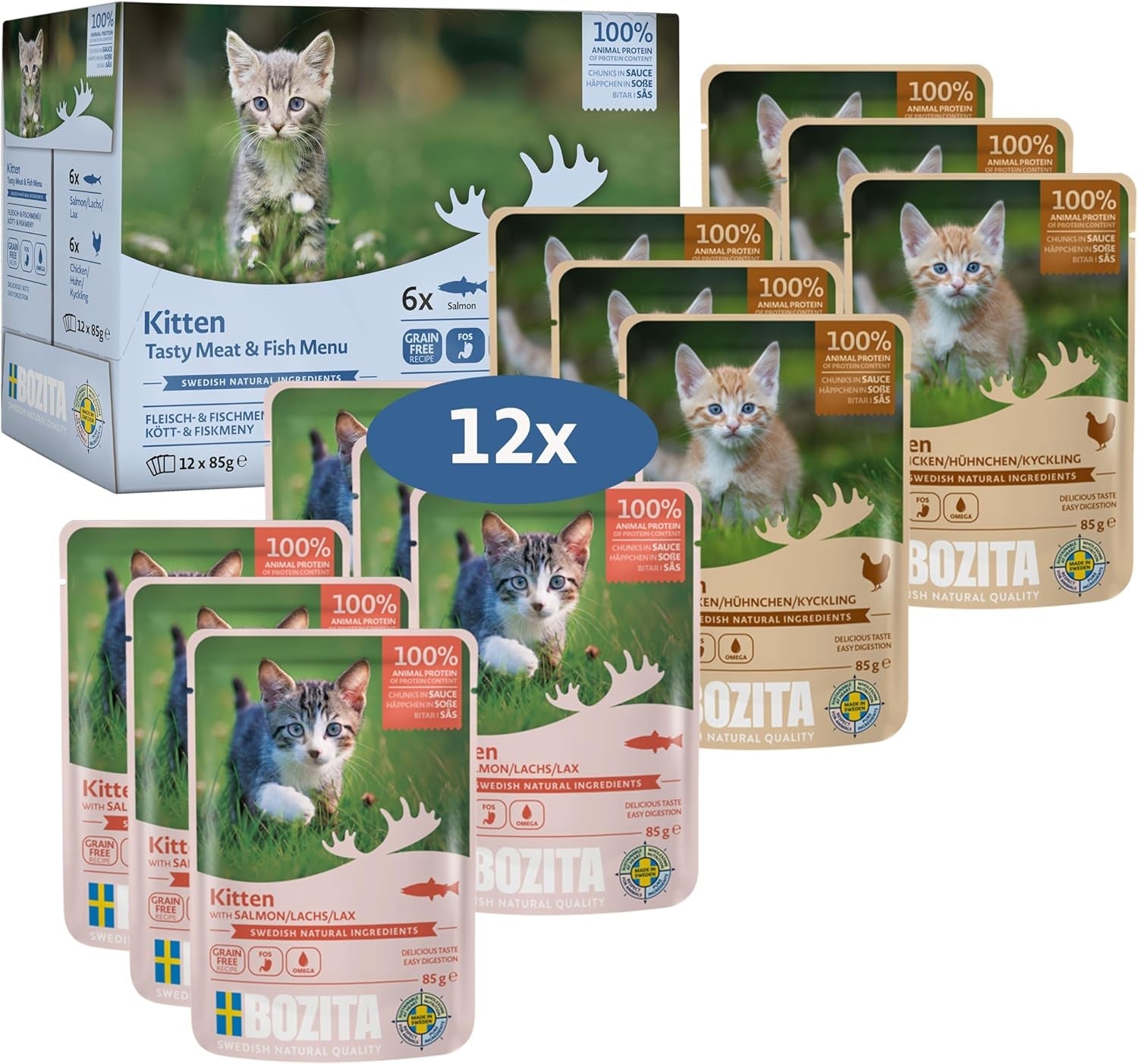 Bozita Nassfutter Häppchen in Sauce mit Fisch und Fleisch - 12x85g Porcjebeutel getreidefreies & weizenfreies Futter für Katzen - Katzennassfutter für Adult-Katzen mit 8,5% białka i 4,5% fettgehalt