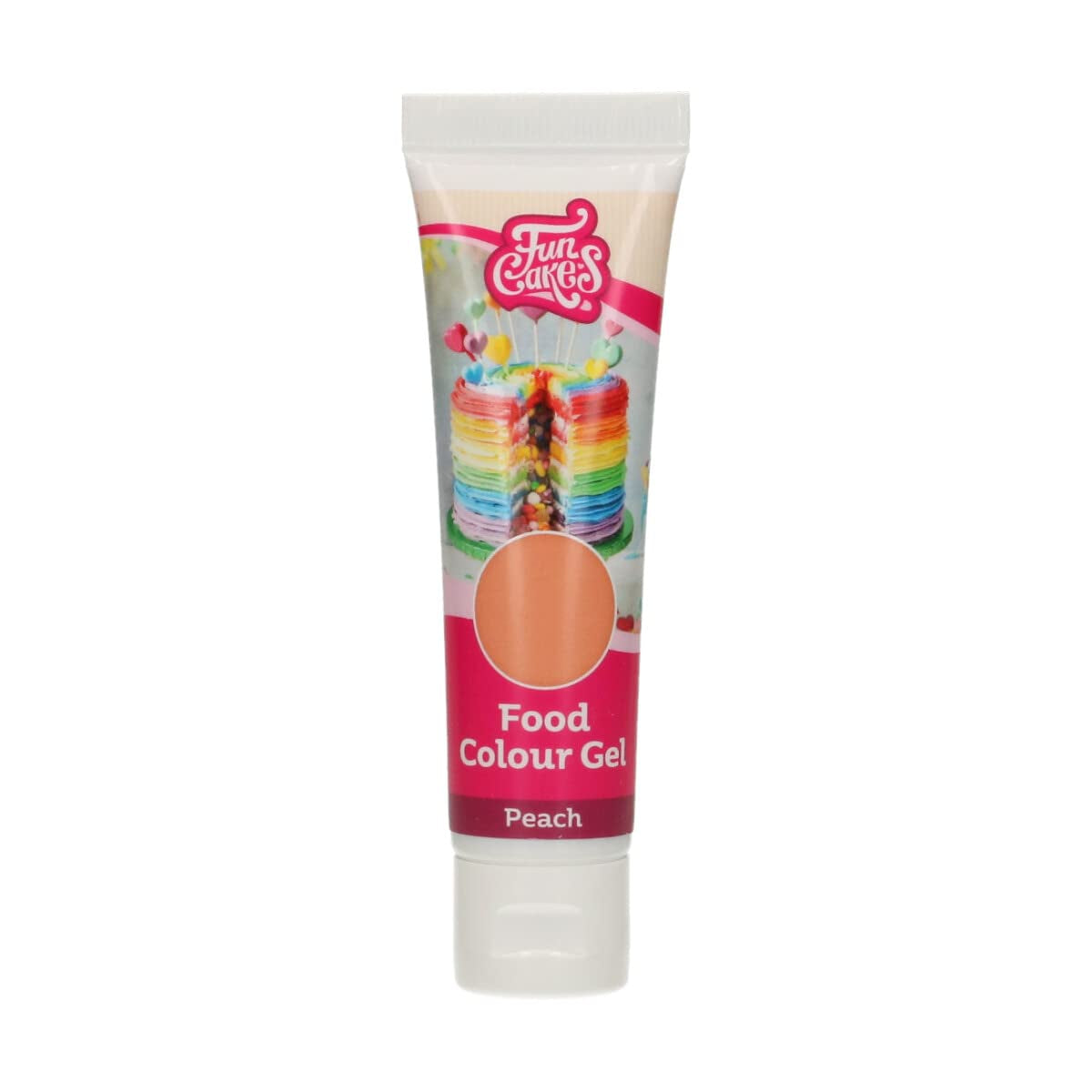 Funcakes Peach Gel Barwnik spożywczy: Wysoko skoncentrowany barwnik spożywczy do ciast, śmietany, fondantu i marcepanu. Łatwe dozowanie. Pojedyncza kropla pozwala uzyskać żywe kolory. Halal. 30 gr.