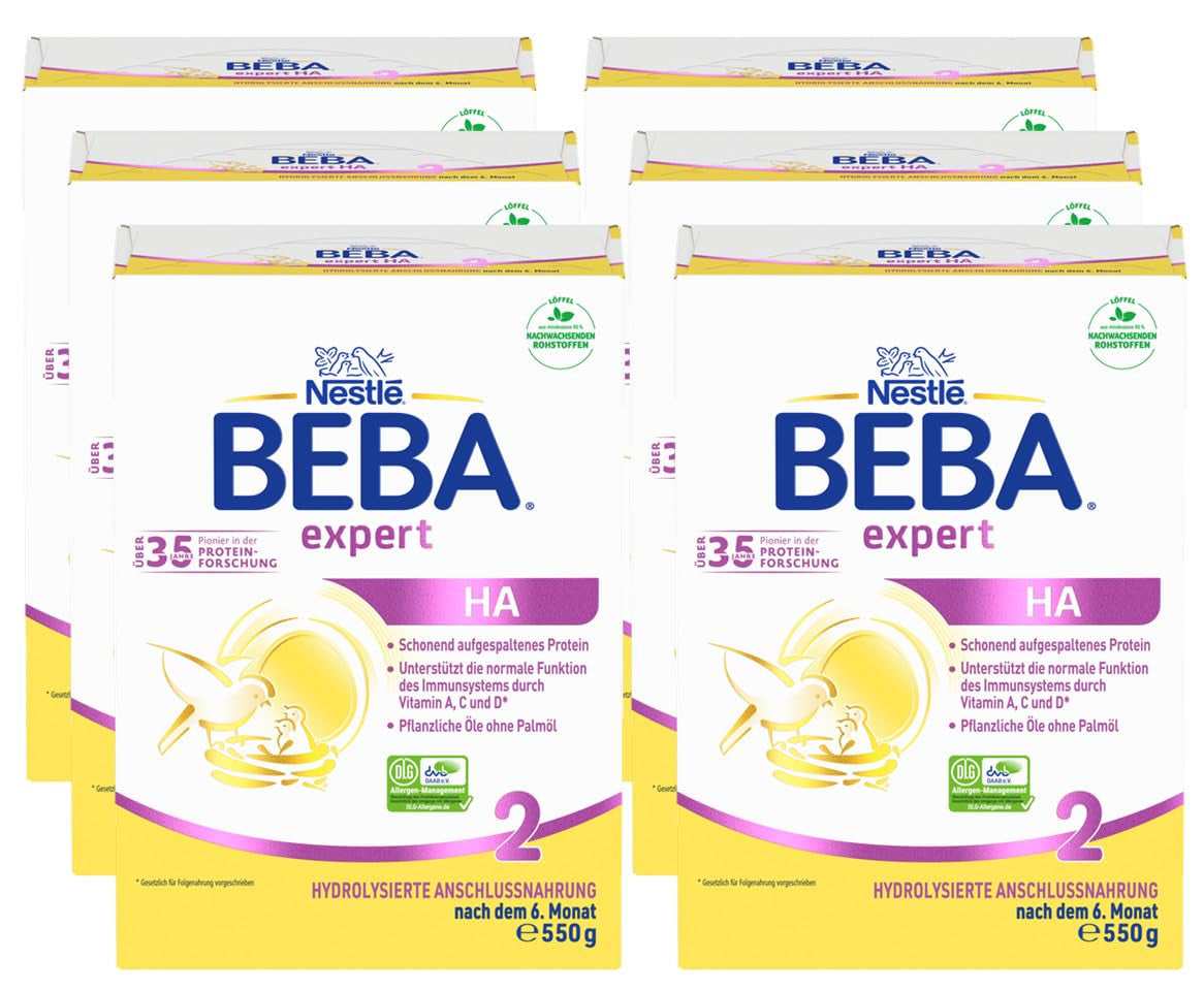 BEBA Expert HA 2 Mleko następne po 6 miesiącu, żywność dla dzieci z hydrolizatem białka, tylko laktoza, bez oleju palmowego, opakowanie 6 szt. (6 x 550 g) Naty Shop