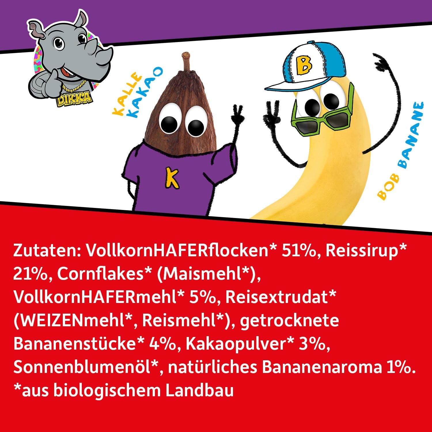FRECHE FREUNDE KIDS, Bobs & DIKKAs Chrupiące musli kakaowe z bananami, Muesli z chrupiącą czekoladą dla dzieci, o niskiej zawartości cukru, bez dodatków, 100% wegańskie, 6 sztuk (6 x 280g)