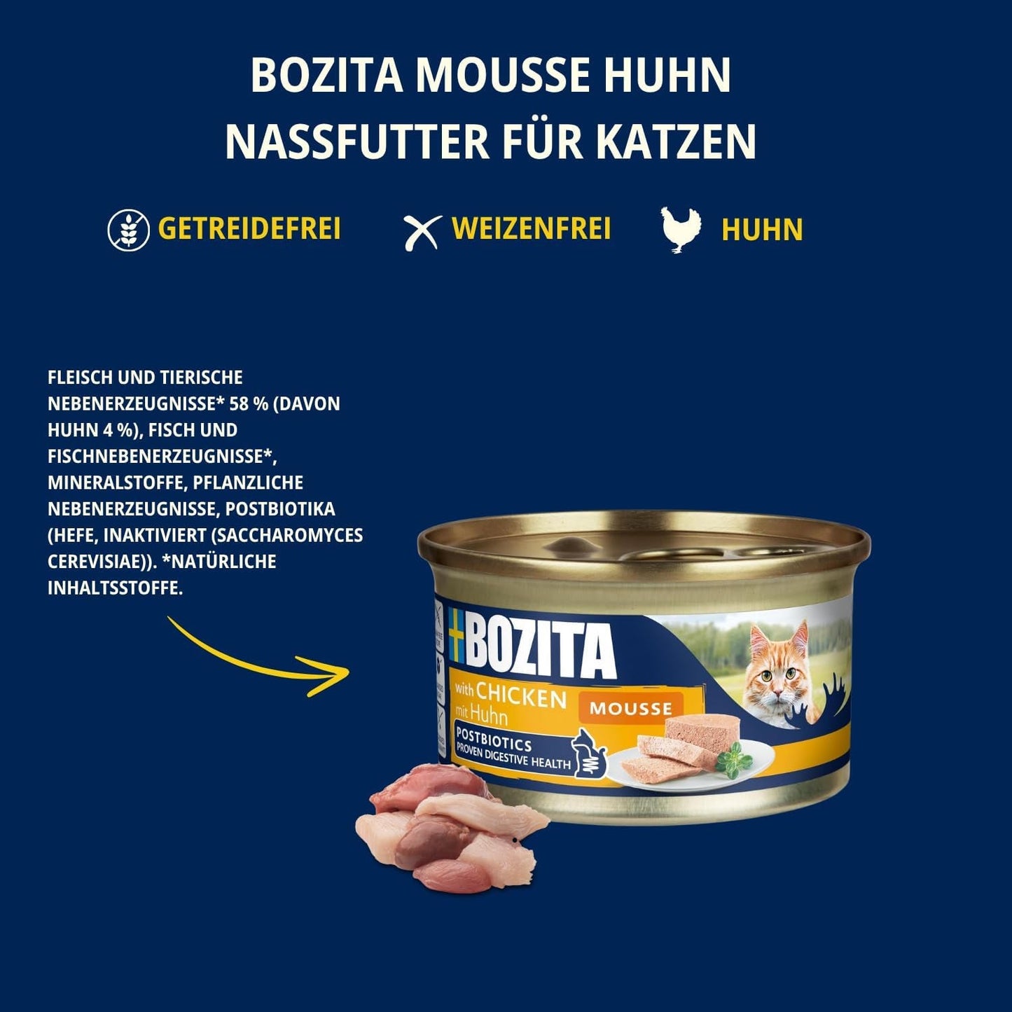 Bozita Mousse Chicken - 12 x 85 g mokra karma dla kotów o delikatnej konsystencji musu i kurczaka - receptura bez zbóż, bez dodatku cukru - z postbiotykami wspierającymi zdrową florę jelitową