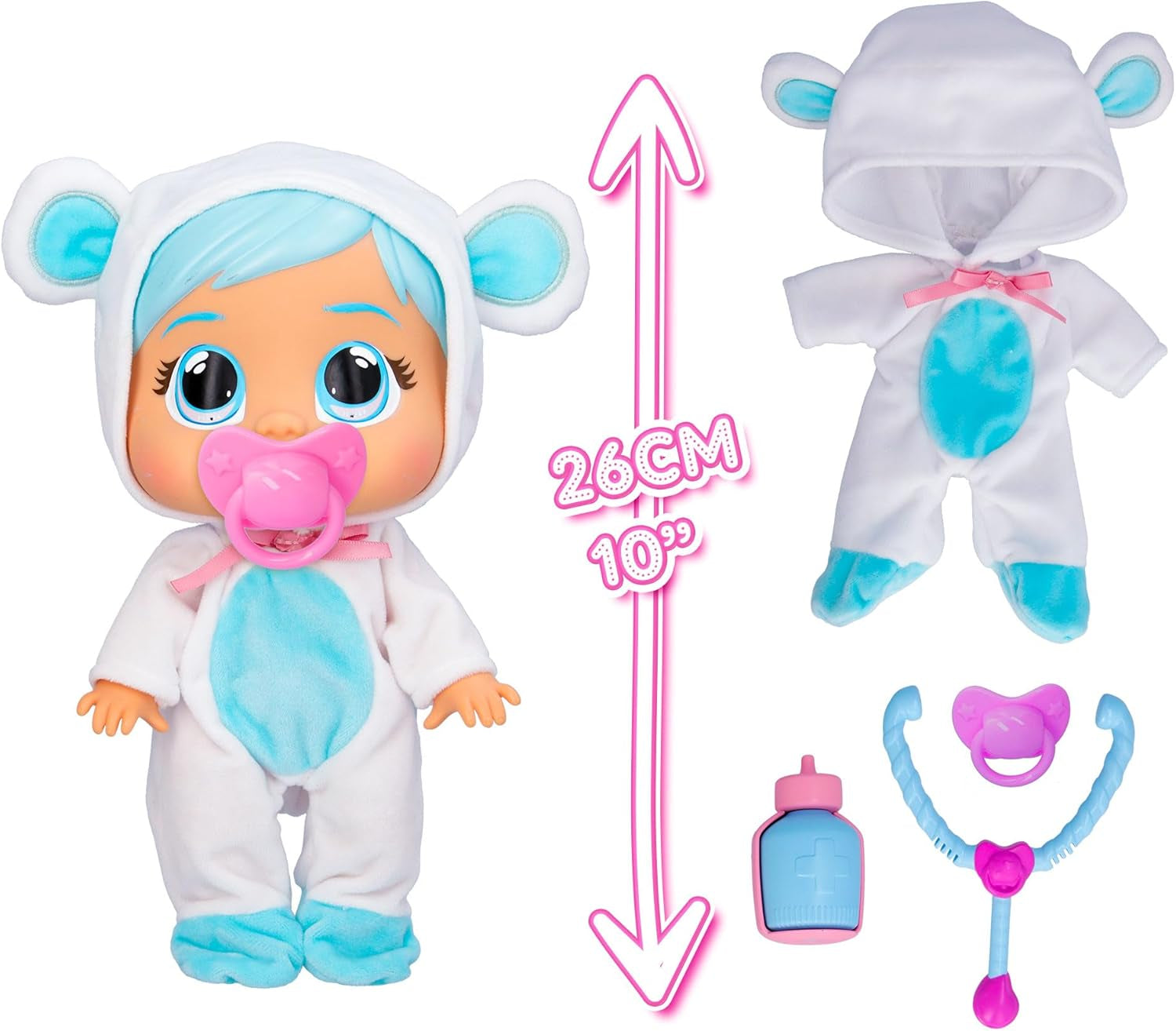 Cry Babies Loving Care Kristal Doll, Kristal Loving Care Baby Doll z 3 akcesoriami do zabawy w lekarza, opieki pielęgniarskiej, płaczu prawdziwymi łzami, zabawka dla 18-miesięcznego dziecka