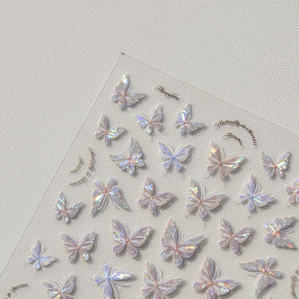Glänzend Aurora Shell Schmetterling Nagelsticker Selbstklebend,Erleichterung Schmetterlinge Nail Naklejka Rosa Laser Schmetterling Nagelaufkleber Für Frauen Nageldesign Zubehör Nagel Zubehör Nail Art