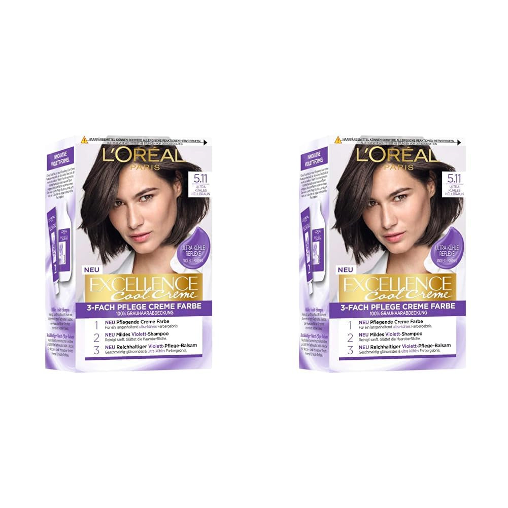 L'Oréal Paris Trwała farba do włosów zapewniająca ultra chłodny efekt kolorystyczny, pokrywająca w 100% siwe włosy, utrwalona farbą, szamponem i kremem pielęgnacyjnym, Excellence Cool, nr. 5.11 Jasnobrązowy (brązowy) (zestaw 2 szt.) Domyślny tytuł farby do włosów Naty Shop