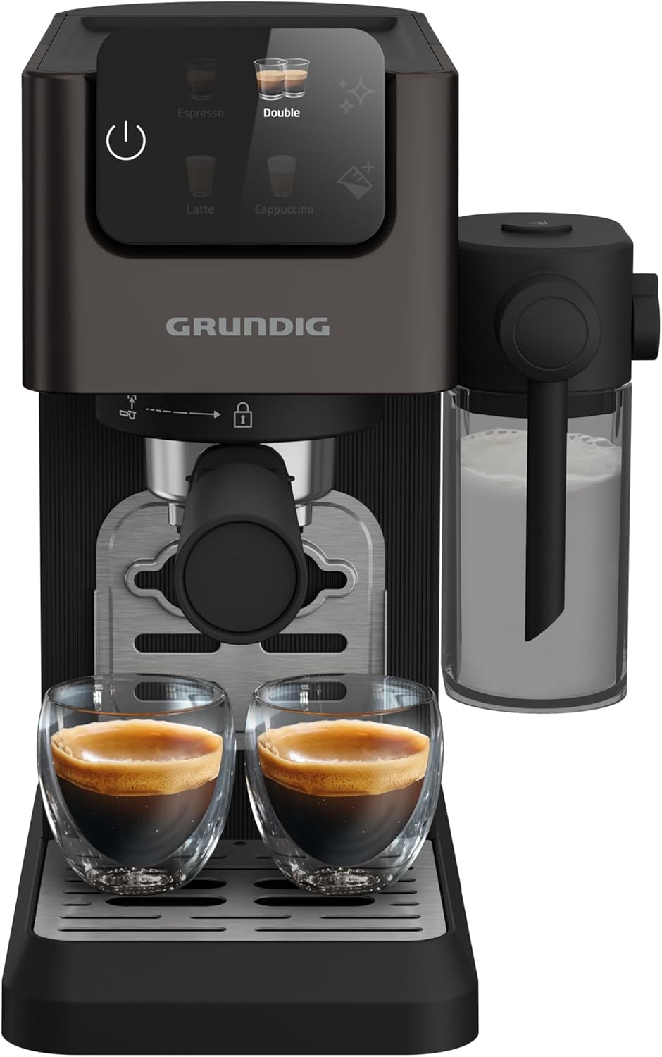 Ekspres do kawy z kolbą GRUNDIG KSM 5330 ze zintegrowanym pojemnikiem na mleko, moc 1628 W, ciśnienie pompy 15 bar, podwójna dysza, kolorowy wyświetlacz dotykowy, BrewSense, CreamyPro, Ciemna stal nierdzewna/Czarny