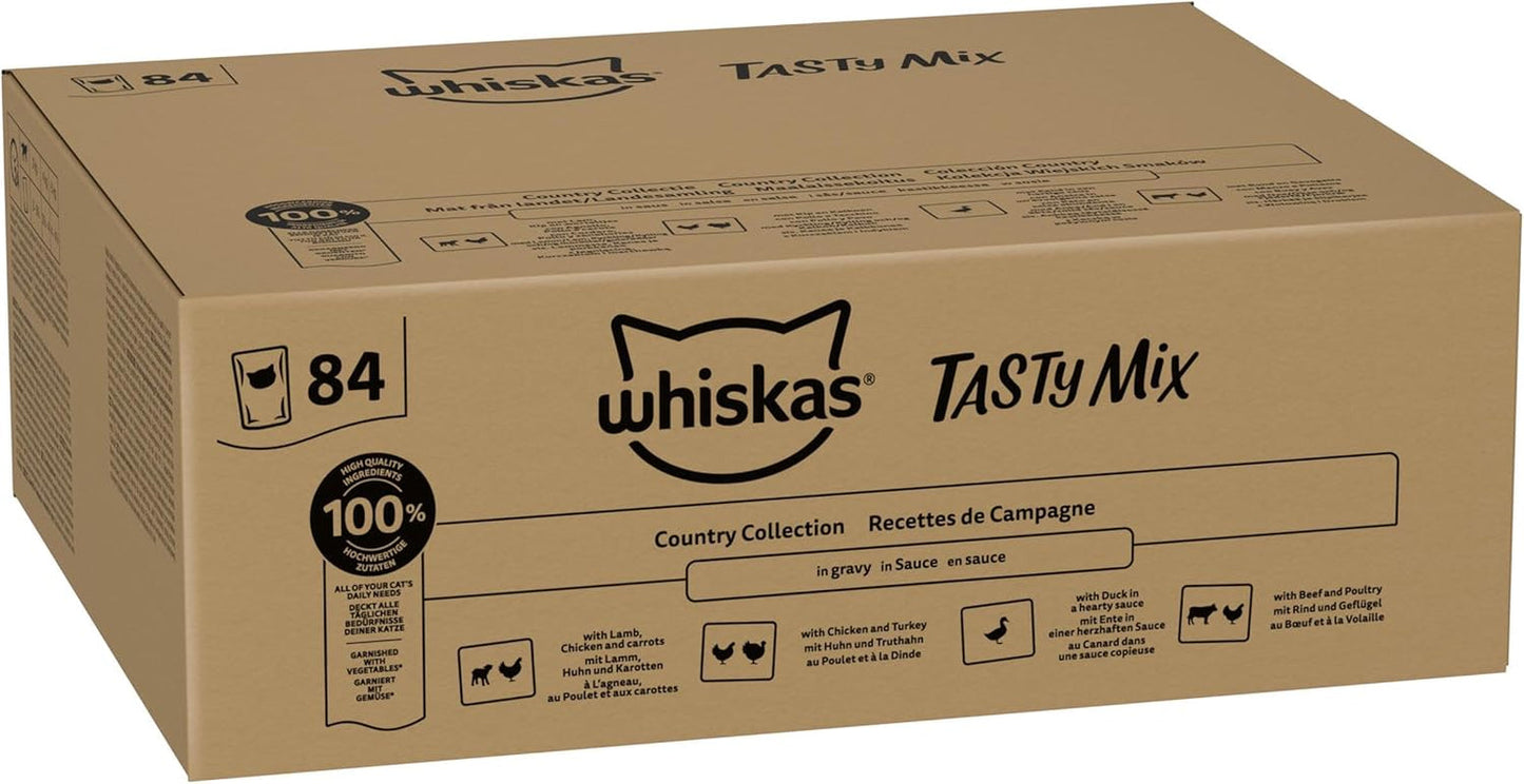 Whiskas Karma mokra dla dorosłych 1+ Tasty Mix Country Collection w sosie, 84 saszetki, 84 x 85 g (1 opakowanie zbiorcze) - Wysokiej jakości mokra karma dla dorosłych kotów