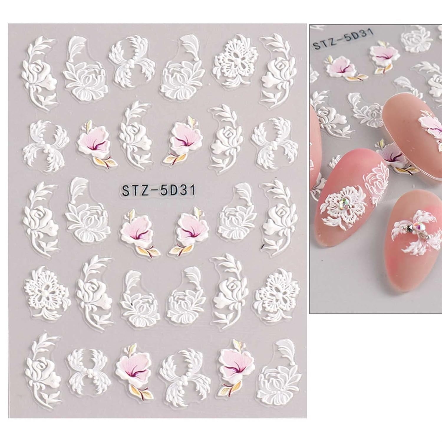 JMEOWIO 3D Nagelsticker Frühling Blume Nail Art Naklejka Selbstklebend Nagelaufkleber 5D Stereoskopisch Buntes Sommer Blumen Dekoration Nageldesign Zubehör 4 Blatt