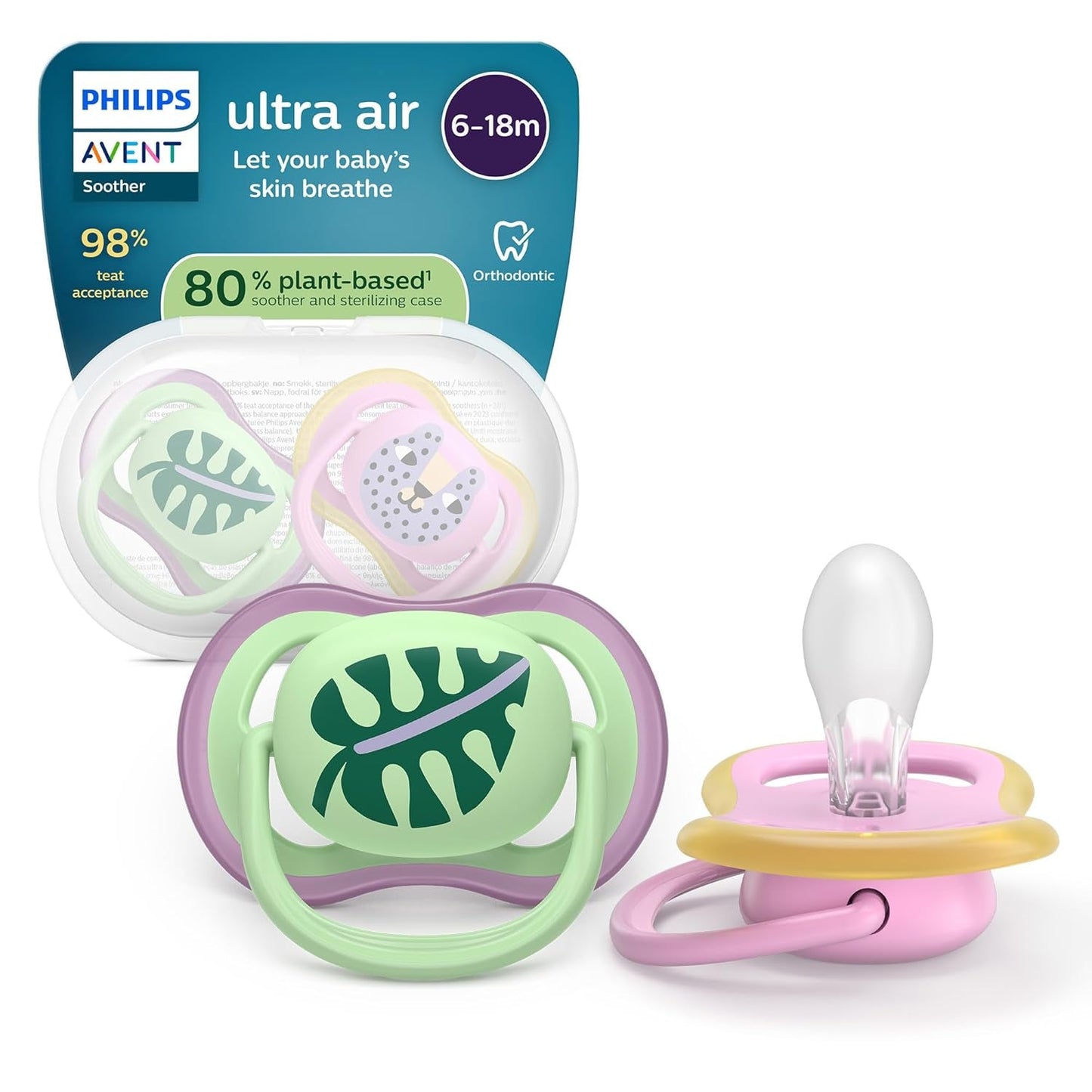 Smoczki Philips AVENT ultra air — zestaw 4 oddychających smoczków niezawierających BPA dla dzieci w wieku 6–18 miesięcy, w tym etui do przenoszenia i sterylizacja, wzór żółwia/wieloryba (model SCF085/66)