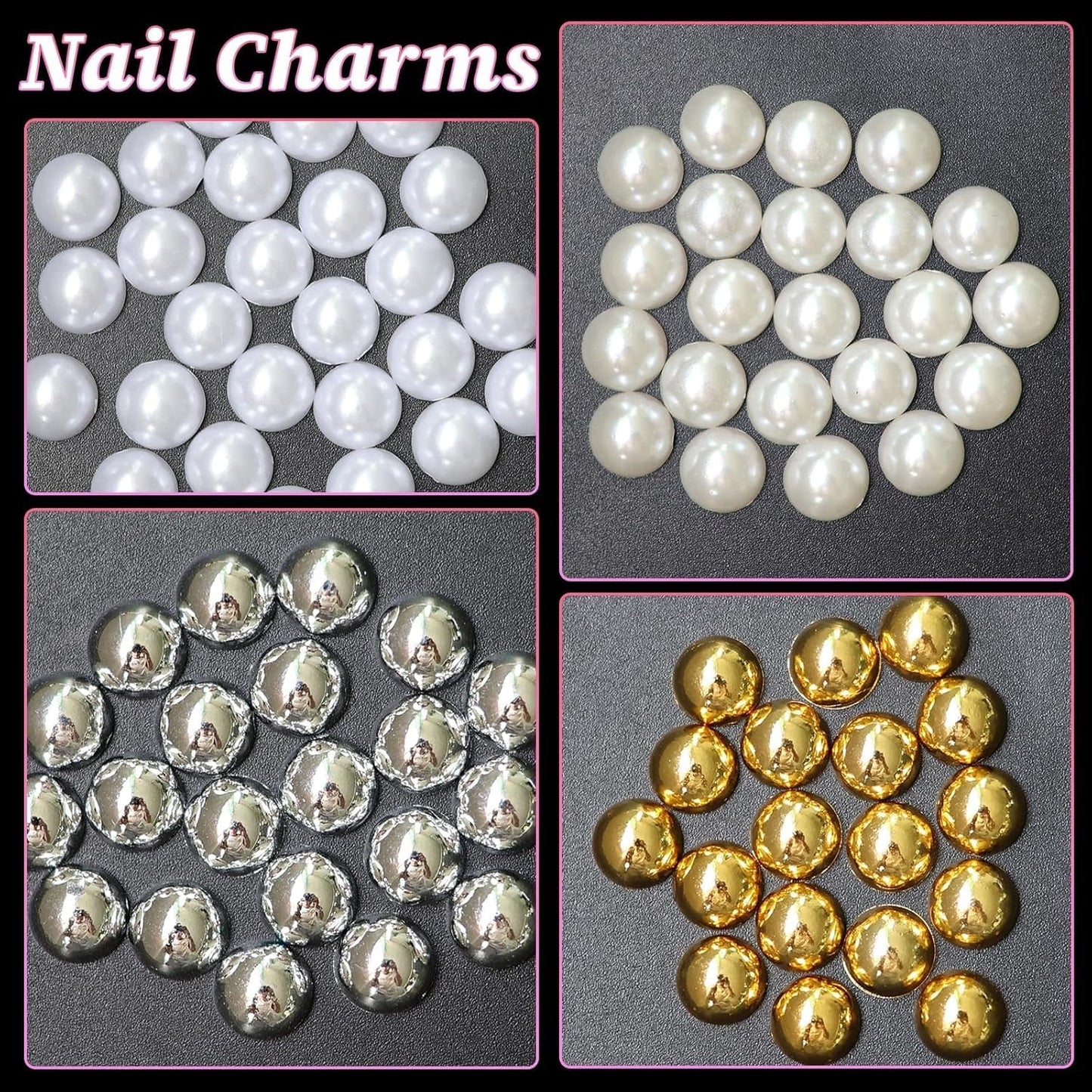 GZMAYUEN 920 szt. Złoto srebro Flatback Perlen Für Nägel, Halbrunde Weiße Beige Nail Perlen, Kleine Halbrunde Flatback Perlen Für DIY Nail Art Decor