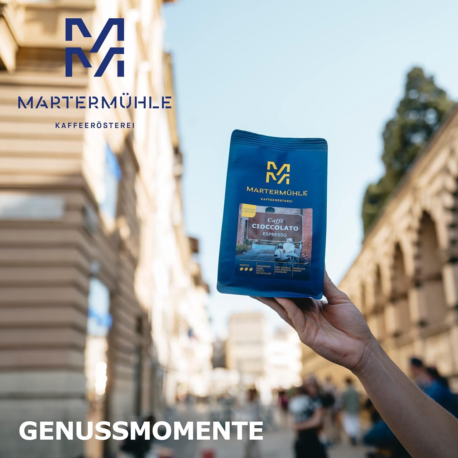 Ziarna espresso Martermühle Cioccolato 500g Mocne | Arabika/Robusta | Smaki: Orzechy makadamia, mleczna czekolada | Jasno palone całe ziarna espresso, niska kwasowość