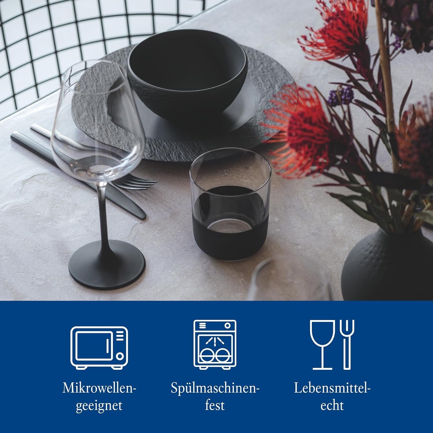 Zestaw startowy Villeroy & Boch Manufacture Rock, 6 elementów, czarny, można myć w zmywarce, można używać w kuchence mikrofalowej, czarny matowy zestaw naczyń obiadowych, zastawa stołowa, sztućce, porcelana Premium
